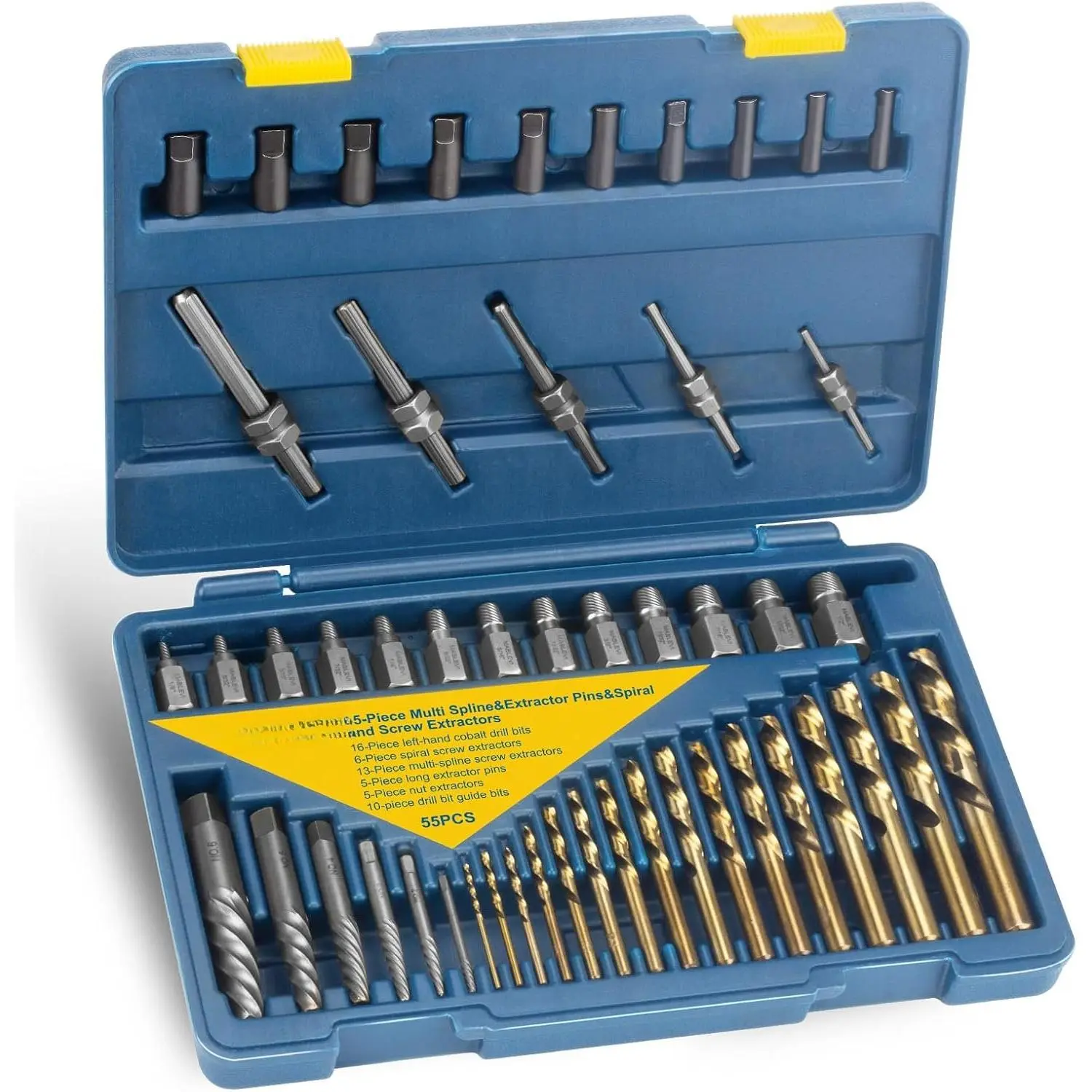 55- Screw Extractor Set, Broken bolt extractors & Multi-spline Extractors, and Drill Bits for Removing Stripped Screws, Studs, Fittings, Lugs Extraction