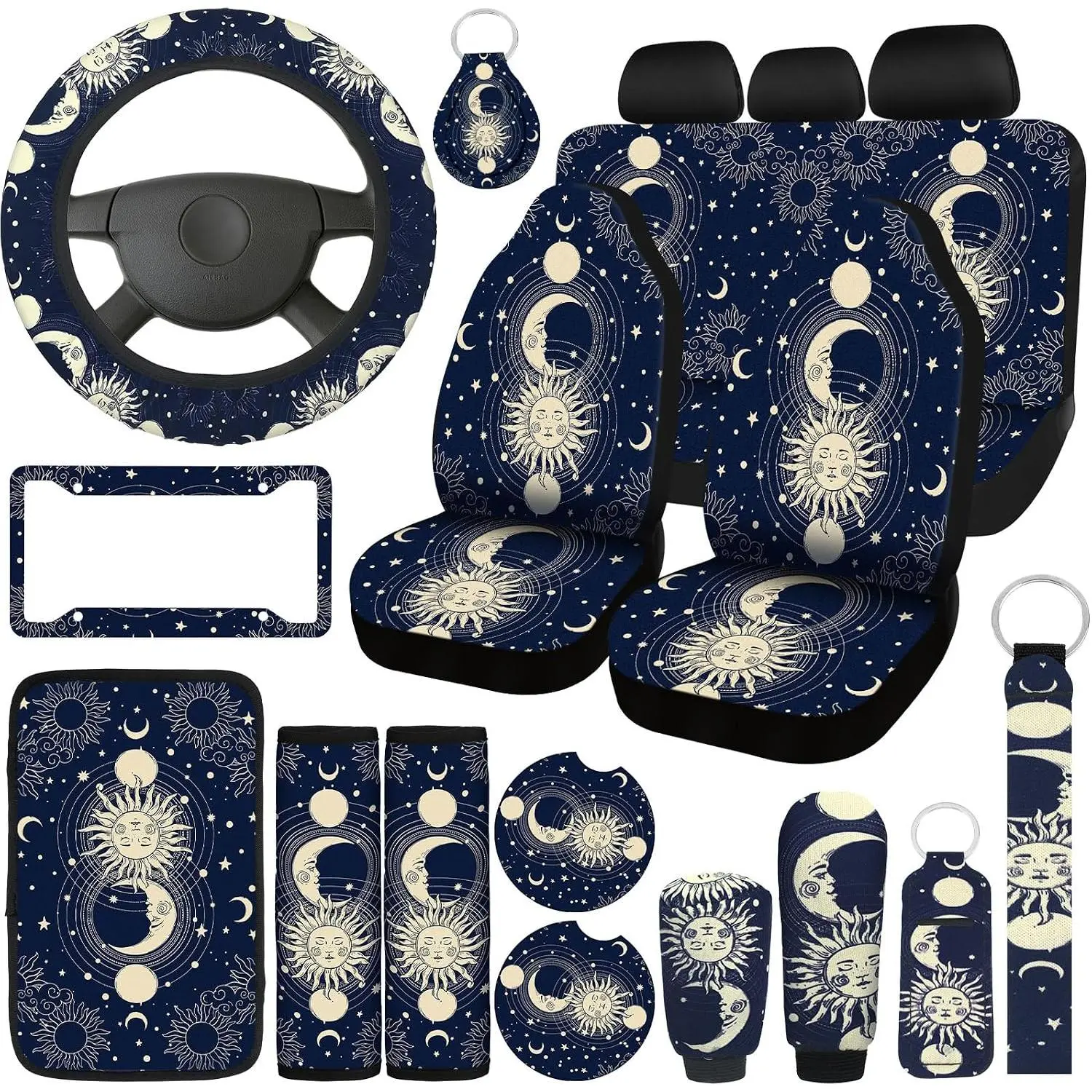 19 count  Seat Covers, Full Set  Accessories Steering Wheel Front Rear Seat Headrest Armrest Belt Cover Keychains Wrist Strap Cup Holder for SUV (Moon Stars Sun)
