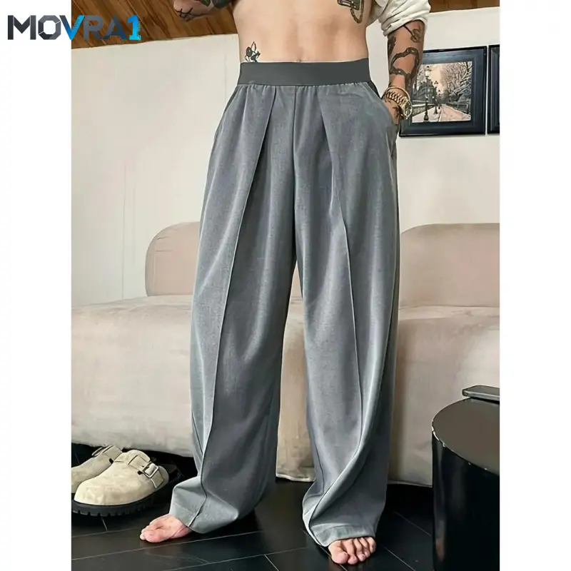 MOVRA1 Men's Solid Color Pleated Loose Wide-Leg Dress Pants Relaxed Fit Draped Straight-Leg Trousers with Elastic Waistband & Slant Pockets Commuting Business Travel All-Season Wear - Formal