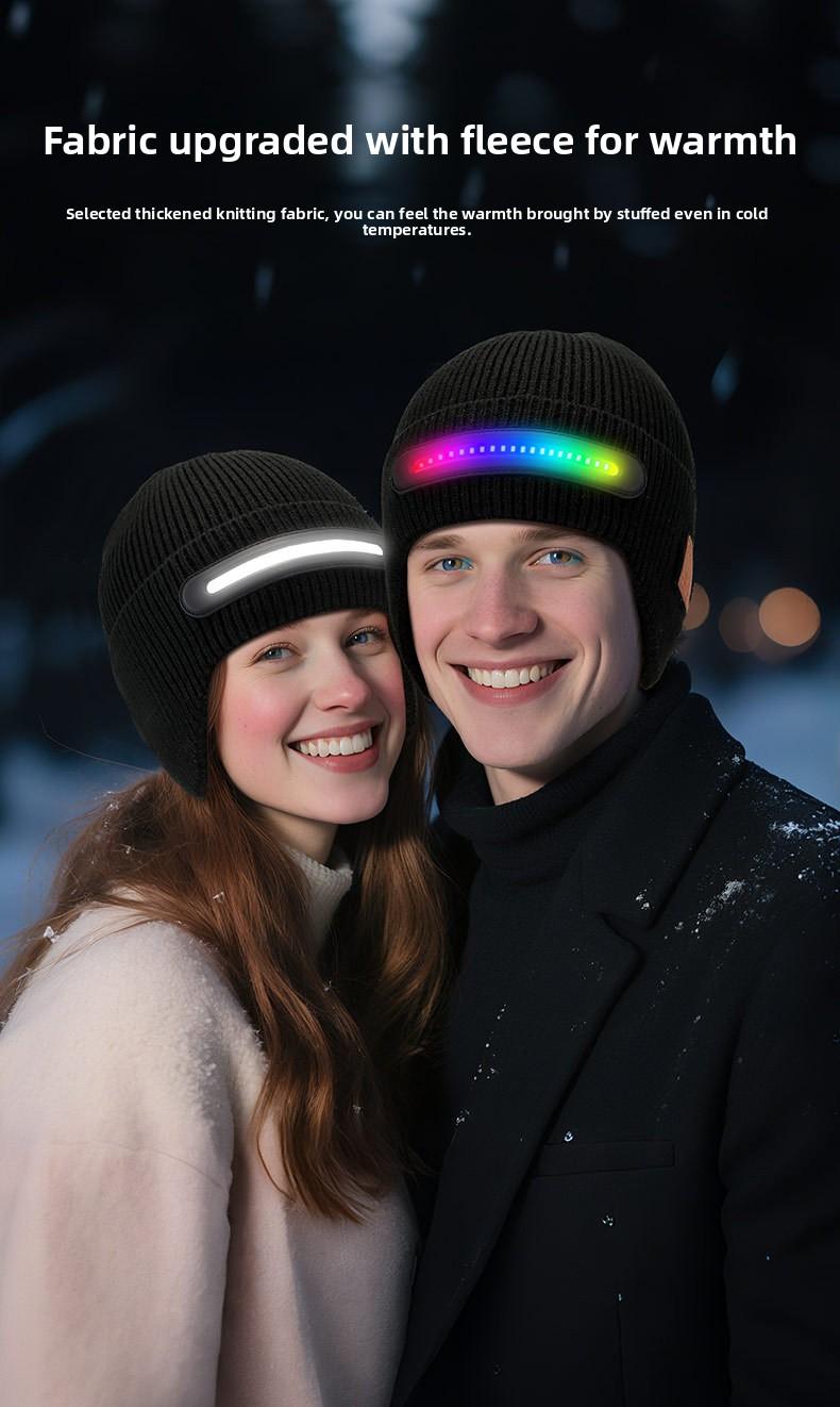 New USB Charging Light-Up Bluetooth Headphone Hat Outdoor Warm Knitted Ear Protection Hat Wireless Music Colorful Light Design Unisex Fashionable Casual Flashlight Hat for Christmas Holidays
