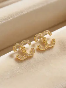 1 Pair Double C Gold Plated Earrings, 2026 New French Vintage Style Cubic Zirconia Studs with Heart Anchor Design, Luxury Lightweight Earrings for Women, Daily Wear, Gift Jewelry