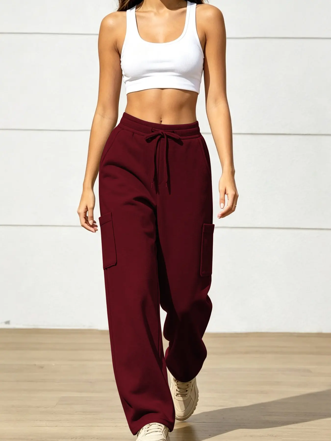 Women's Fall Winter Fashion Adjustable Drawstring Waist Straight Leg Sweatpants, Loose Fit Multi-Pocket Workwear Design, Solid Color Casual Pants