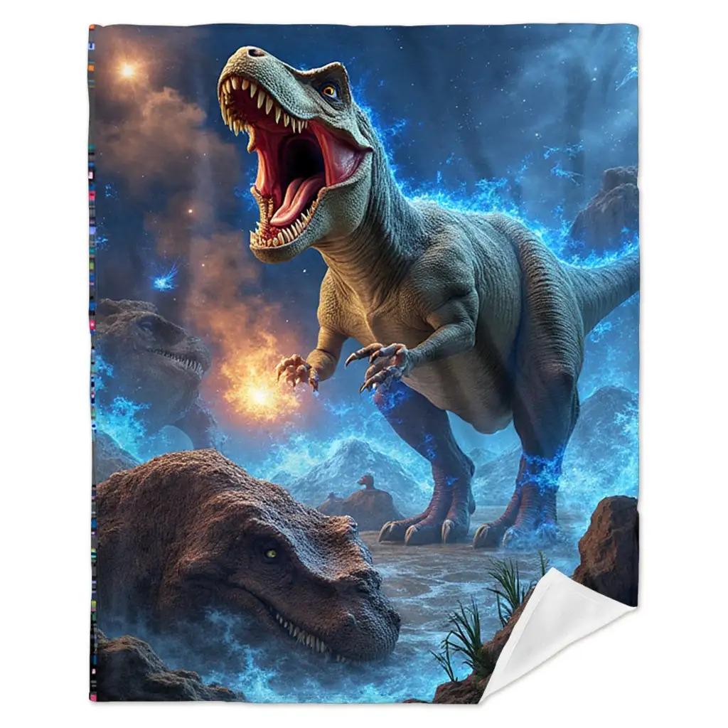 1pc Cozy 3D Dinosaur & T-Rex Blue Flame Print Blanket - Soft Flannel Fabric, Lightweight Warm Throw with T-Rex, Stegosaurus & Pterodactyls-like Dinosaurs for Bed, Sofa, Travel - Room Decor, Camping Gift & Adults, Throw Blanket, Blankets And Throws, Blanke