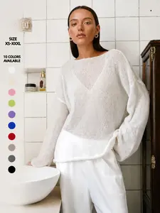 Womens Oversized Sheer Knit Beach Cover Up, Boat Neck Long Sleeve Tunic Top, Knotted or Loose Fit Swim Coverup for Pool Party, Swimwear Coverups, Swimsuit Coverups
