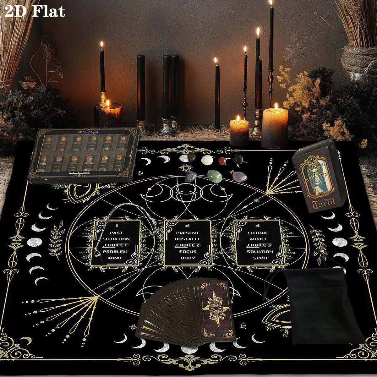 6pc Celtic Cross Tarot Reading Set, Includes 78 Tarot Cards, 12 Crystal Bottles, 7 Chakra Stones, Polyester Bag, Tablecloth, Pendant