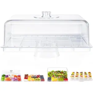 Cake Stand with Lid-Extra Large 17" Rectangular Cake Holder,8-in-1 Multi-Functional Dessert Table Display Set & Charcuterie Board,Acrylic Cake Plate Dome Cover for Weddings/Cheese/Veggie/Chips & Dip