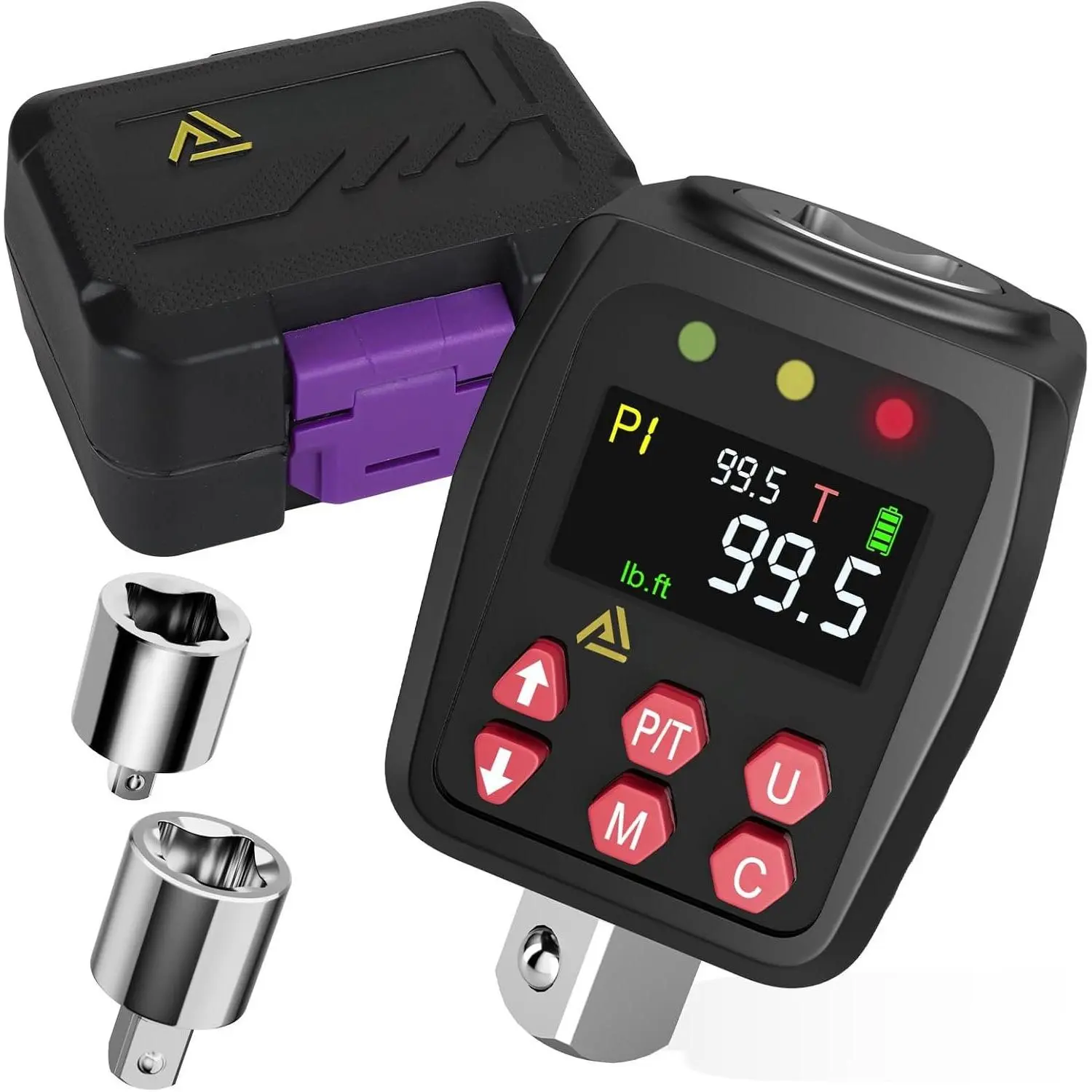 1/2" Digital Torque Adapter, 5-99.5Ft-lb/6.75-135Nm, +-1% Accuracy Digital Torque Gauge with 10 Presets & 500 Data Memory, Buzzer & LED  with 3/8" & 1/4" Adapters for ,
