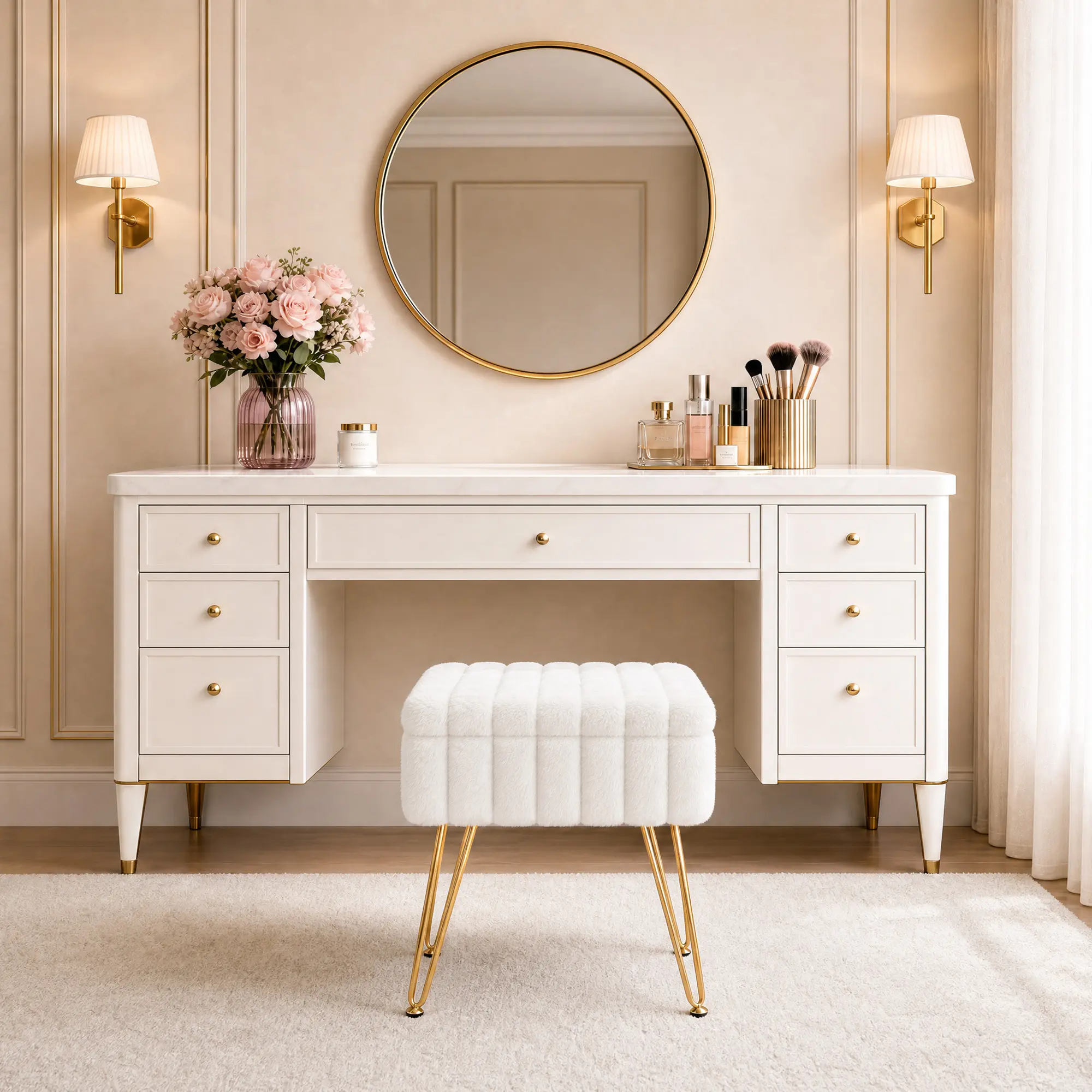 Soft Faux Rabbit Fur Vanity Stool with Storage Ottoman – Padded Seat, Metal Legs, Anti-Slip Feet, for Bedroom, Living Room, or Makeup