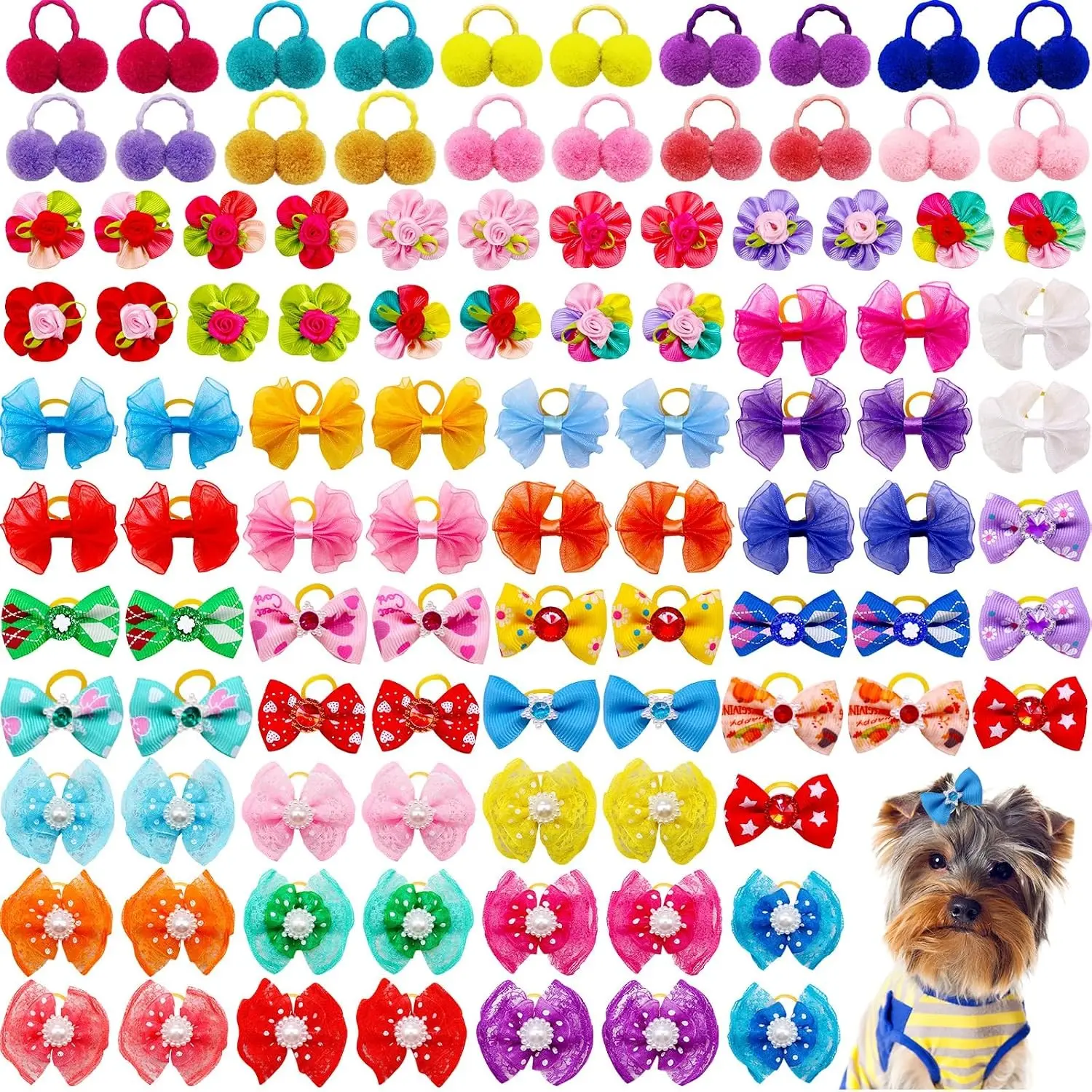 100pcs Bulk Pack Cute Dog Grooming Bows with Rubber Bands - Handmade Mixed Sizes, Flower Shape, Puffy Balls, Rhinestones, Pearls - Small Puppies Yorkies Grooming Accessories, Grooming Bow