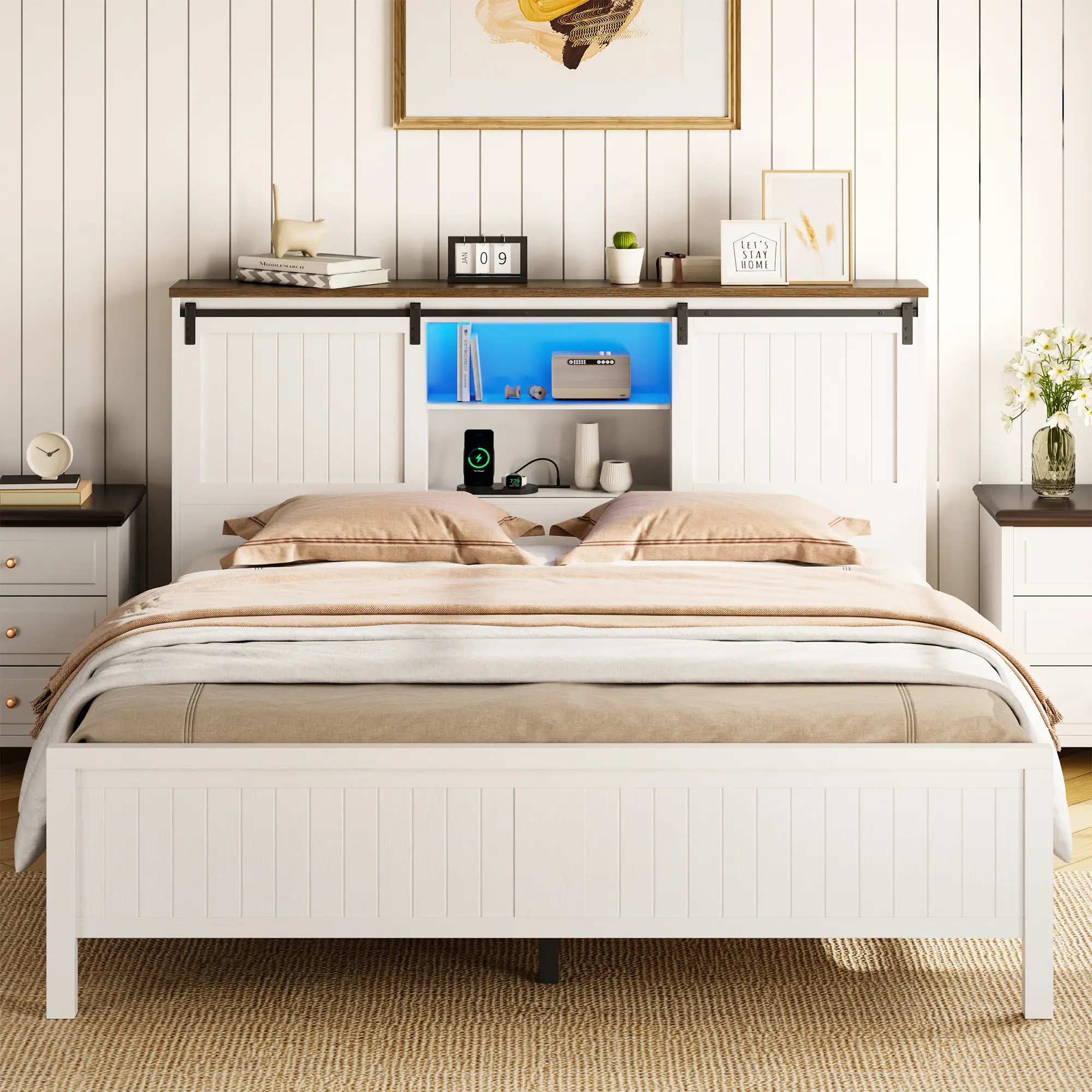 Garvee Farmhouse Platform Bed Frame with Storage & Sliding Barn Door Headboard - LED Lights, Built-In Charging Station, Noise-Free, No Box Spring Needed - Queen, Walnut/White