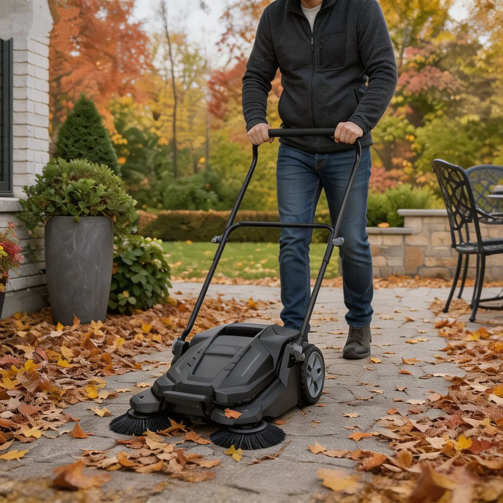 Walk-Behind Floor Sweeper - Manual Push Sweeper with 5 Gallon Waste Bin And Adjustable Handle, Heavy Duty Outdoor Yard Sweeper for Driveway, Garage, Patio, Leaf And Debris Cleaner