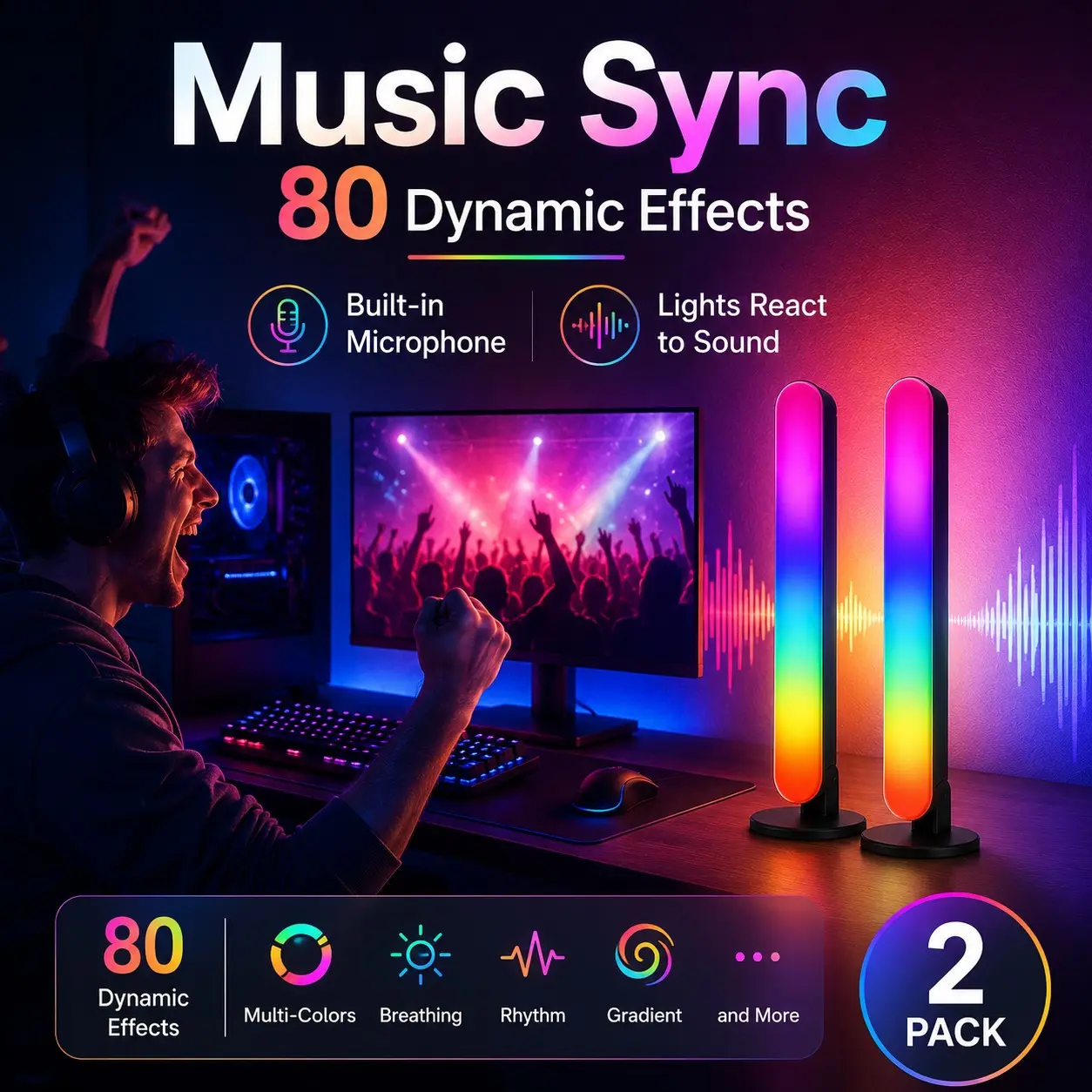 Smart RGB LED Light Bars 2 Pack, WiFi Bluetooth Gaming Light Bar with App Control, Voice Control, Music Sync, 80 Dynamic Light Effects, Color Changing Ambient Lamp for TV, Bedroom, Gaming Room, Desk Decor, Immersive Ambient Lights