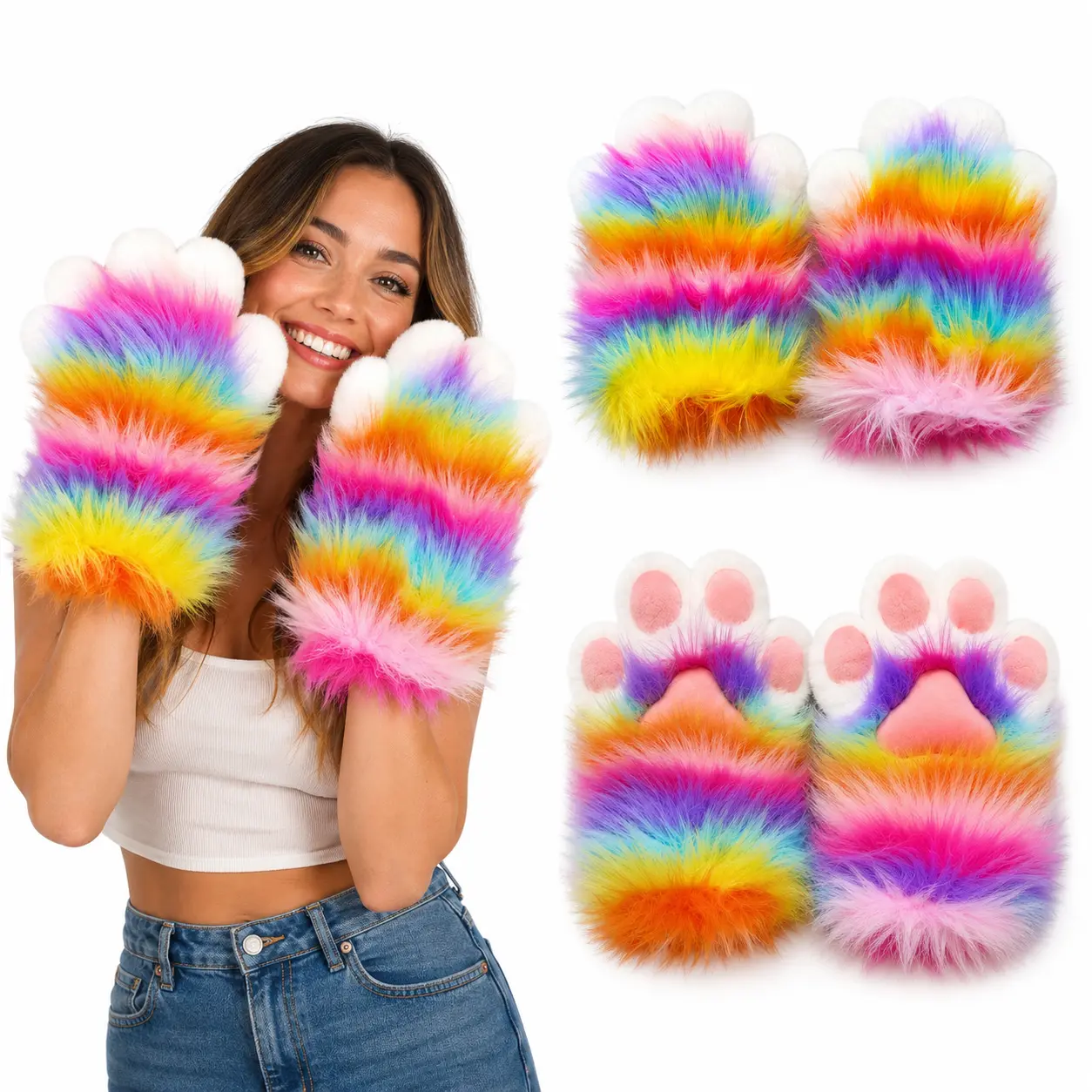 Women’s Patchwork Rainbow Furry Paw Animal Mitts, Cute Plush Halloween Party Gloves for Casual Wear & Cosplay Dress Up, Female, Nylon, Mittens, Warmth, Oversized Paws