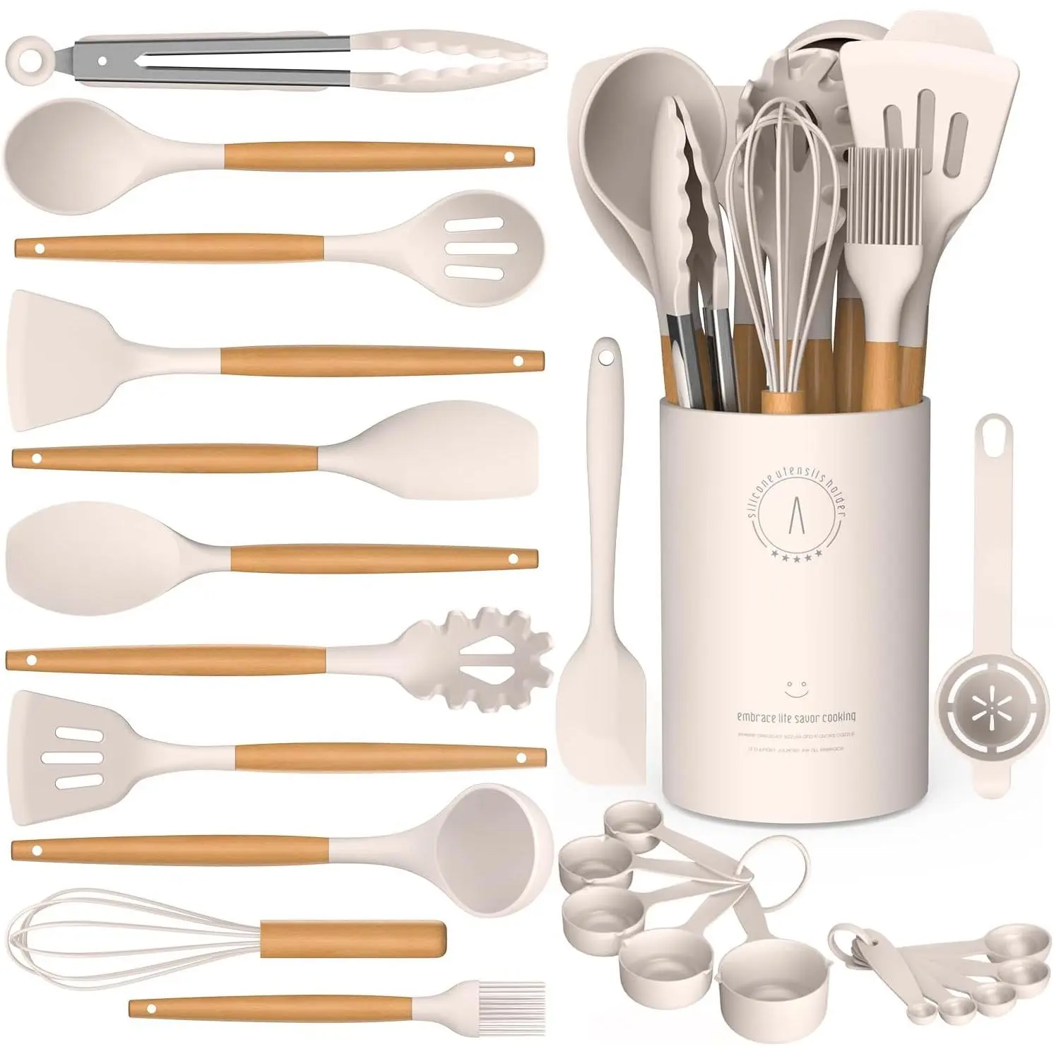 Silicone Cooking Utensils Set -  Silicone Kitchen Utensils for Cooking Wooden Handles, 446 °   F Heat Resistant Kitchen Utensil Spatula Sets w Holder, Gadgets for Non-Stick Cookware BPA FREE (Khaki)