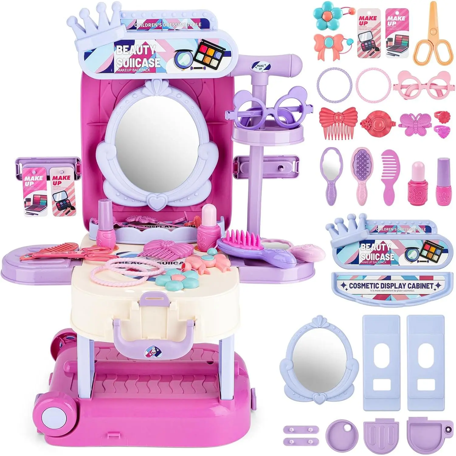 3 in 1 Toddler Vanity Makeup Table Girls Vanity & Suitcase Set with Fashion Accessories Pretend Play Travel Suitcase Fashion Beauty Set for Girls