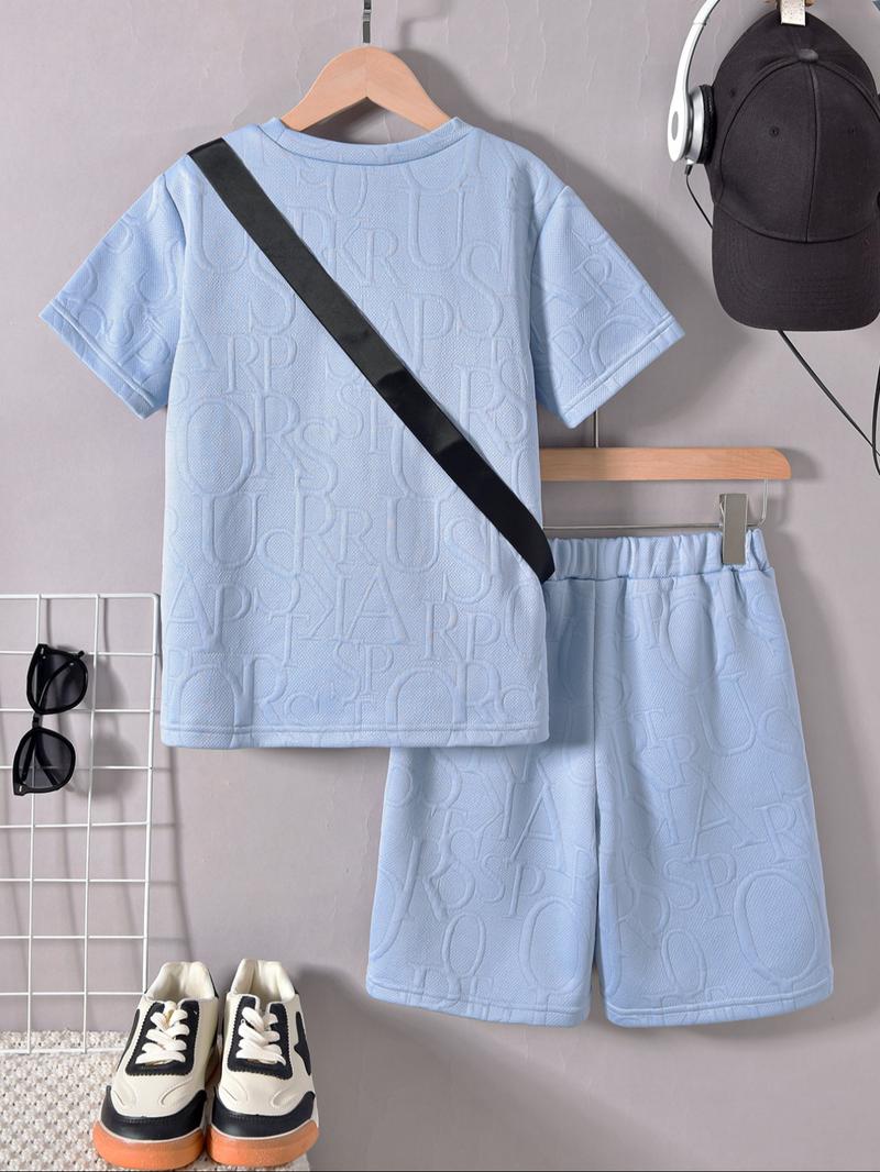Three-piece Set Boy's Letter Pattern Co-ord Set, Casual Short Sleeve T-shirt & Shorts & Crossbody Bag, Summer Clothes for Kids Three-piece Set Boy's Letter Pattern Co-ord Set, Casual Short Sleeve T-shirt & Shorts & Crossbody Bag, Summer Clothes for Kids