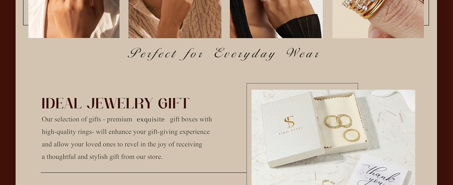 FIBO 6 Pcs 14K Gold Plated Stacking Rings for Women Dainty Cubic Zirconia Eternity Band & Vintage Wave Ring Set Hypoallergenic Non Tarnish Aesthetic Finger Jewelry for Wedding Promise Travel Size 5-10