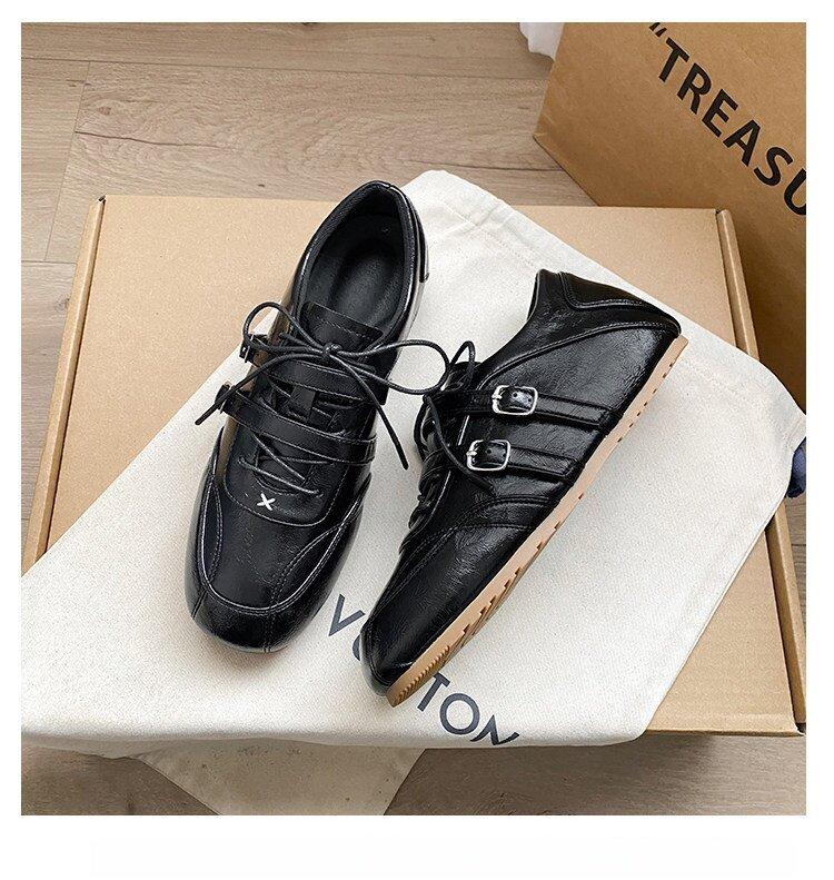 2026 Spring Collection: Patchwork Small Round-Toe Lace-Up Leather Shoes, Casual Ballet-Style Double Buckle Height-Increasing German Training Shoes