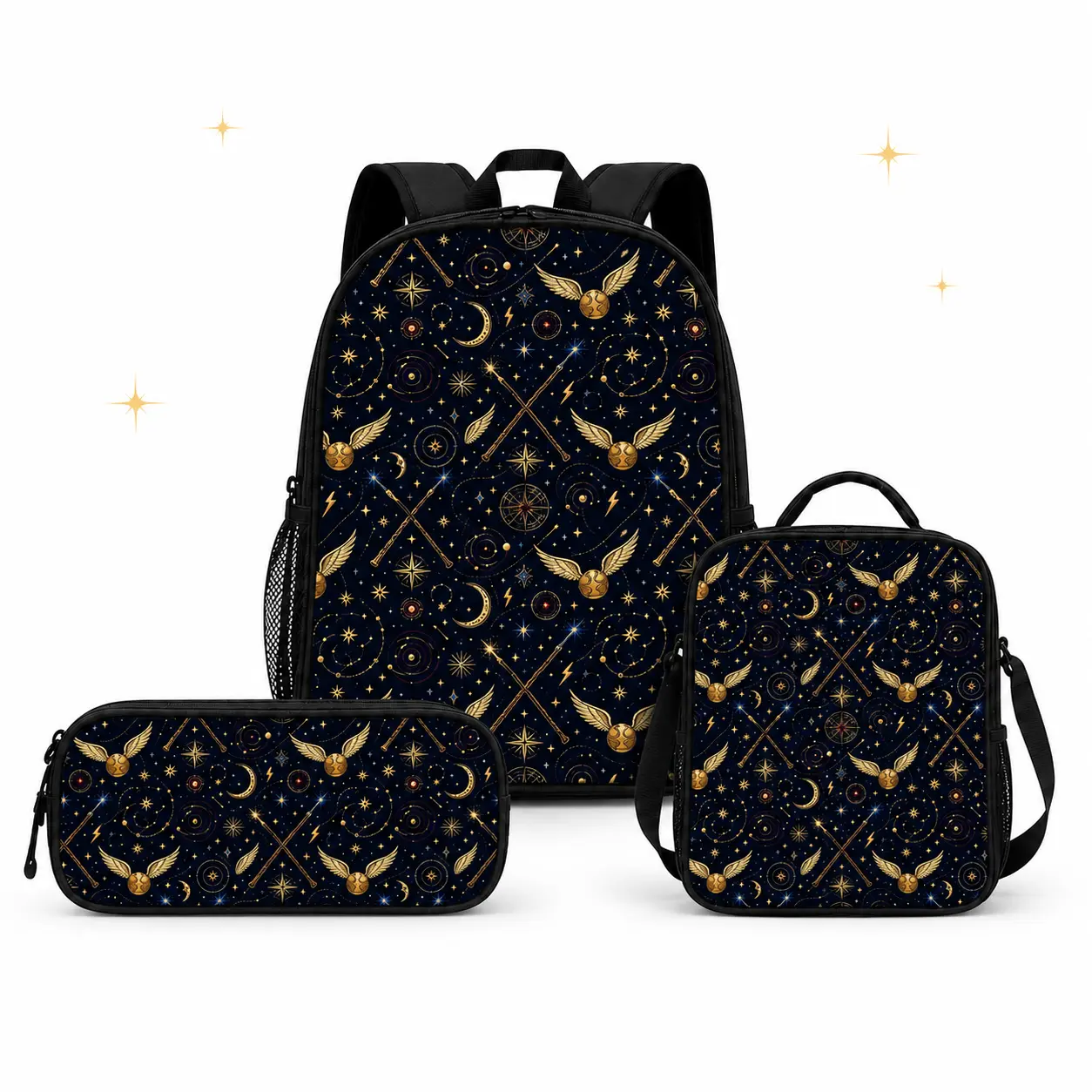 Harry Potter 3-Piece School Backpack Set with Lunch Bag & Pencil Case, Golden Snitch Celestial Print Bookbag for Kids Teens, Back to School Gift,sport backpack,lightweight,Pastel,Embroidered,Canvas,Tote,Bags,Adjustable,Cro,Men,Chri,Drawstring,Gym,Sackpack