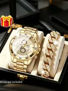 2pcs Men's Stylish Zinc Alloy Watch Band Set, Analog Quartz Watch, Perfect Gift for Father's Day, Birthday, Anniversary