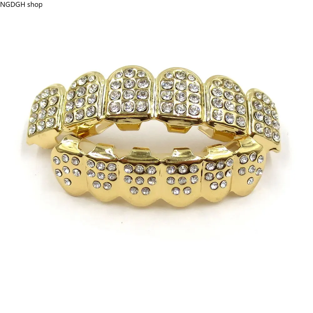 Iced Out Grillz, Gold Plated Hip Hop Teeth Jewelry with Sparkling Crystals, Full Top and Bottom Set for Men and Women