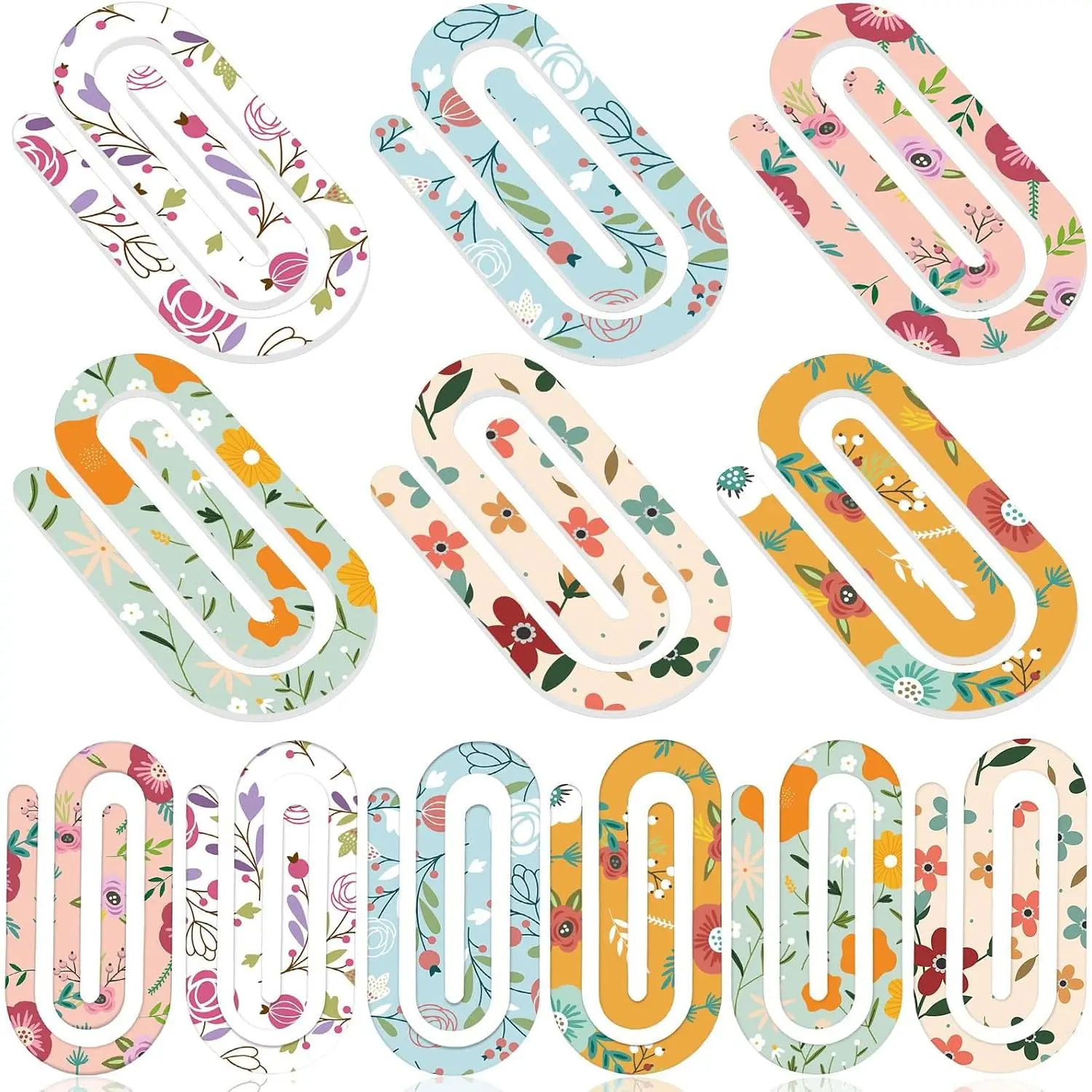 12-Count Synthetic Floral Print Paper Clips, Multicolor Office Stationery - Binder Accessories for Bookmarking, School Supplies, Book Lovers’ Desk Clamps