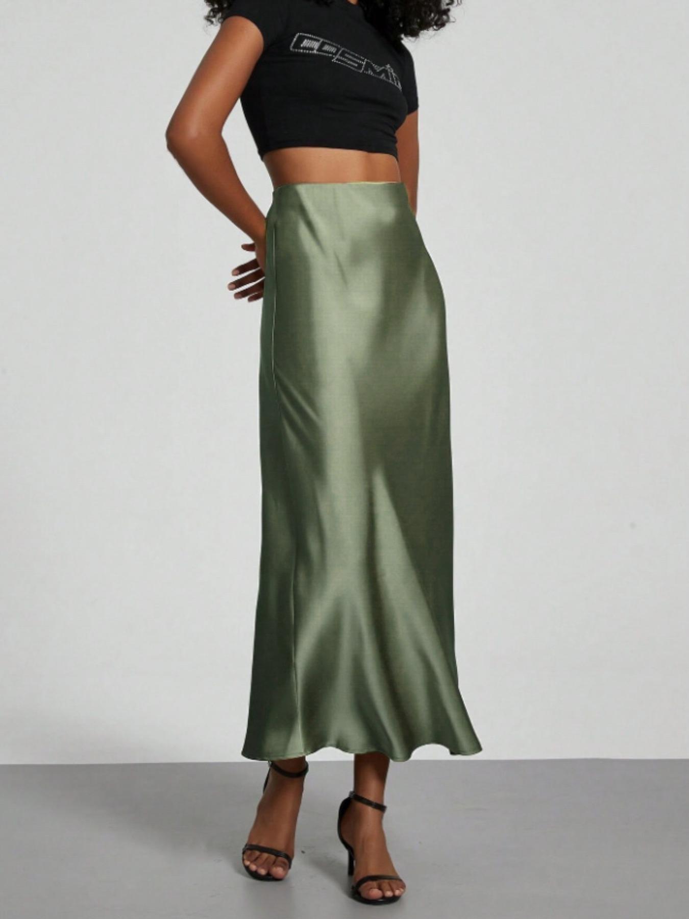 Women's Solid Color Satin Slim Skirt, Elegant Fashion Skirt for Work Office Business, Ladies Clothes for All Seasons