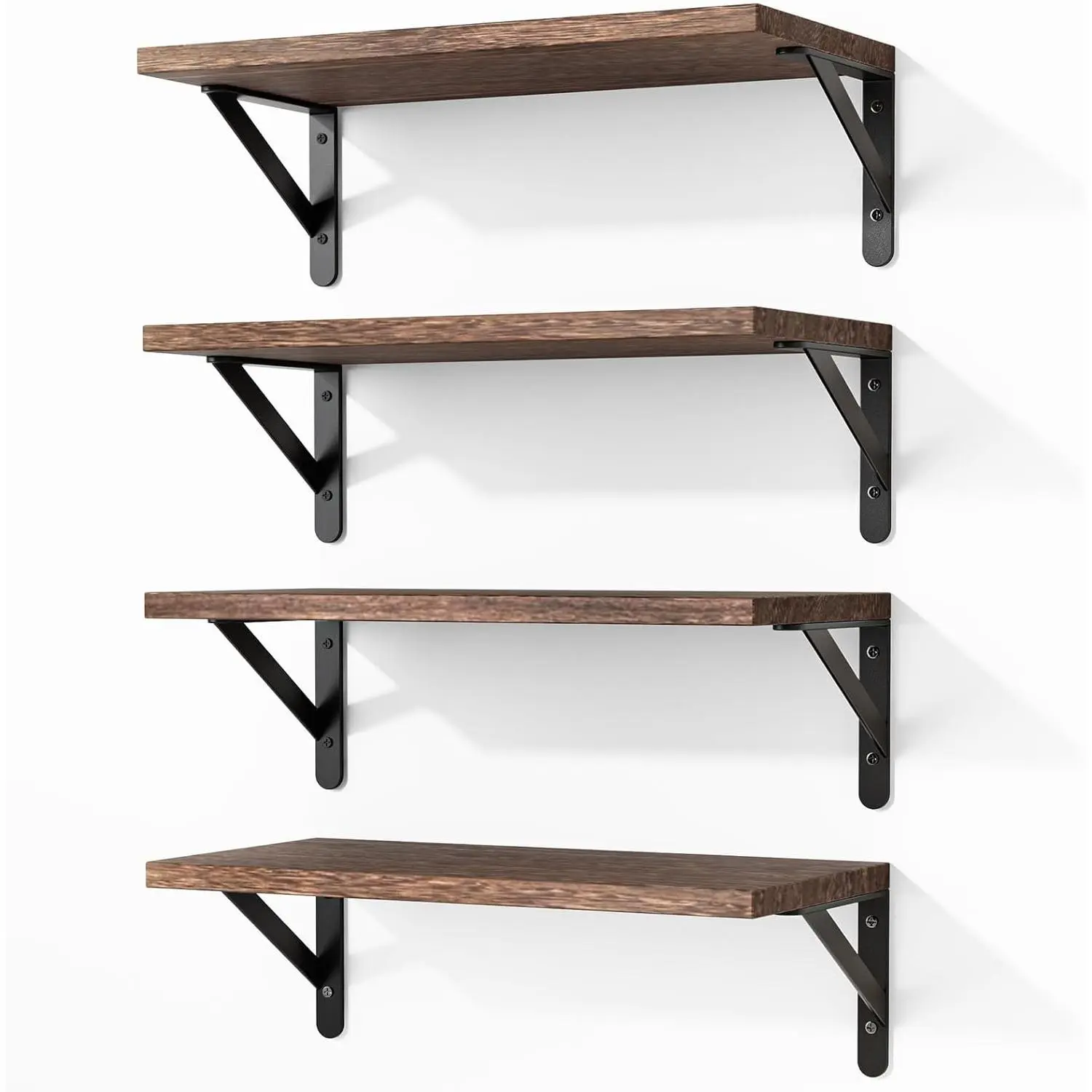 Wall Floating Shelves for Home Decor (Brown, Set of 4, 16.5 Inch) | Wood Shelves, Natural Grain, 40Lb Capacity, Sturdy Triangle Brackets, Versatile for Any Room