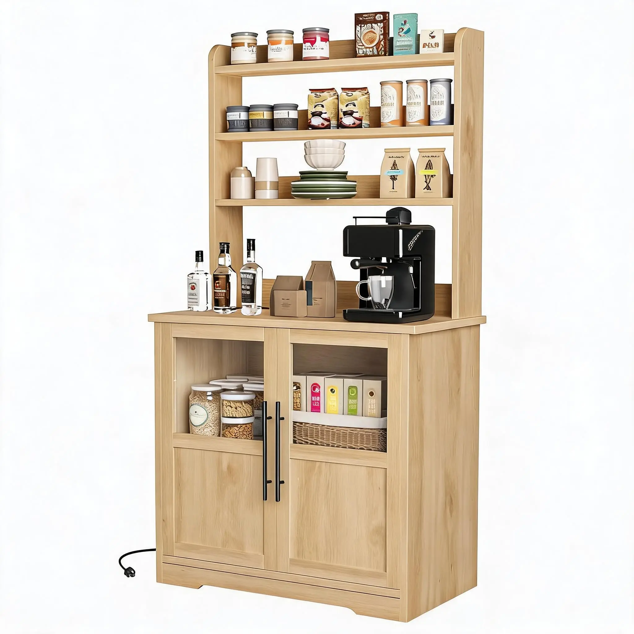 Spacious 6-Tier Farmhouse Baker's Rack with Glass Door – Kitchen Pantry Hutch, Thick Countertop, Storage Cabinet, Microwave Stand, Coffee Bar Organizer for Dining Room