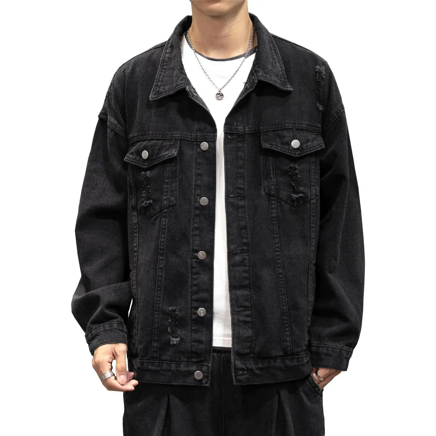 Men's Classic Distressed Denim Trucker Jacket - Relaxed Fit, Stylish Vintage Rugged Outerwear with Pocket for Casual Wear