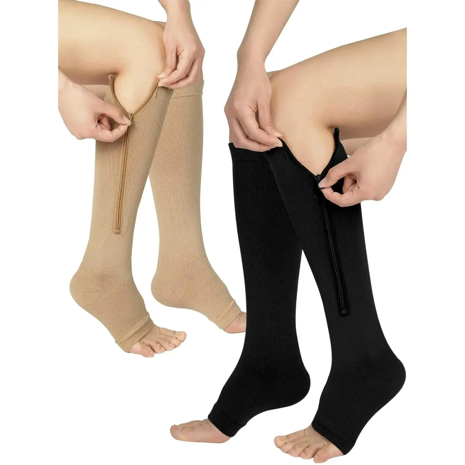 2 Pair Zipper Compression Socks for Women & Men, 20-30mmHg to Improves Blood Circulation, Relieves Pain for Athletic Running