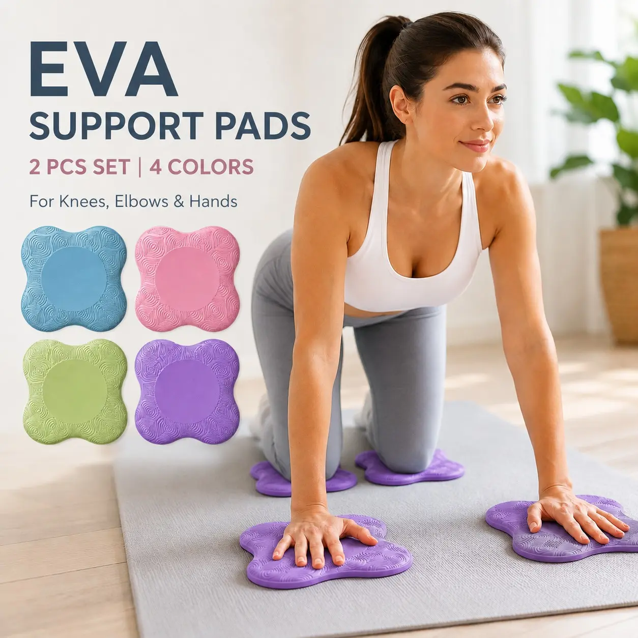 2PCS EVA Yoga Knee Pads 20x20x1.9cm, Non-Slip Thick Foam Support Cushions for Pilates, Plank, Stretching, Floor Exercise, Knees Elbows Hands Wrists, Lightweight Home Gym Workout Pads, Yoga Accessories, 4 Colors