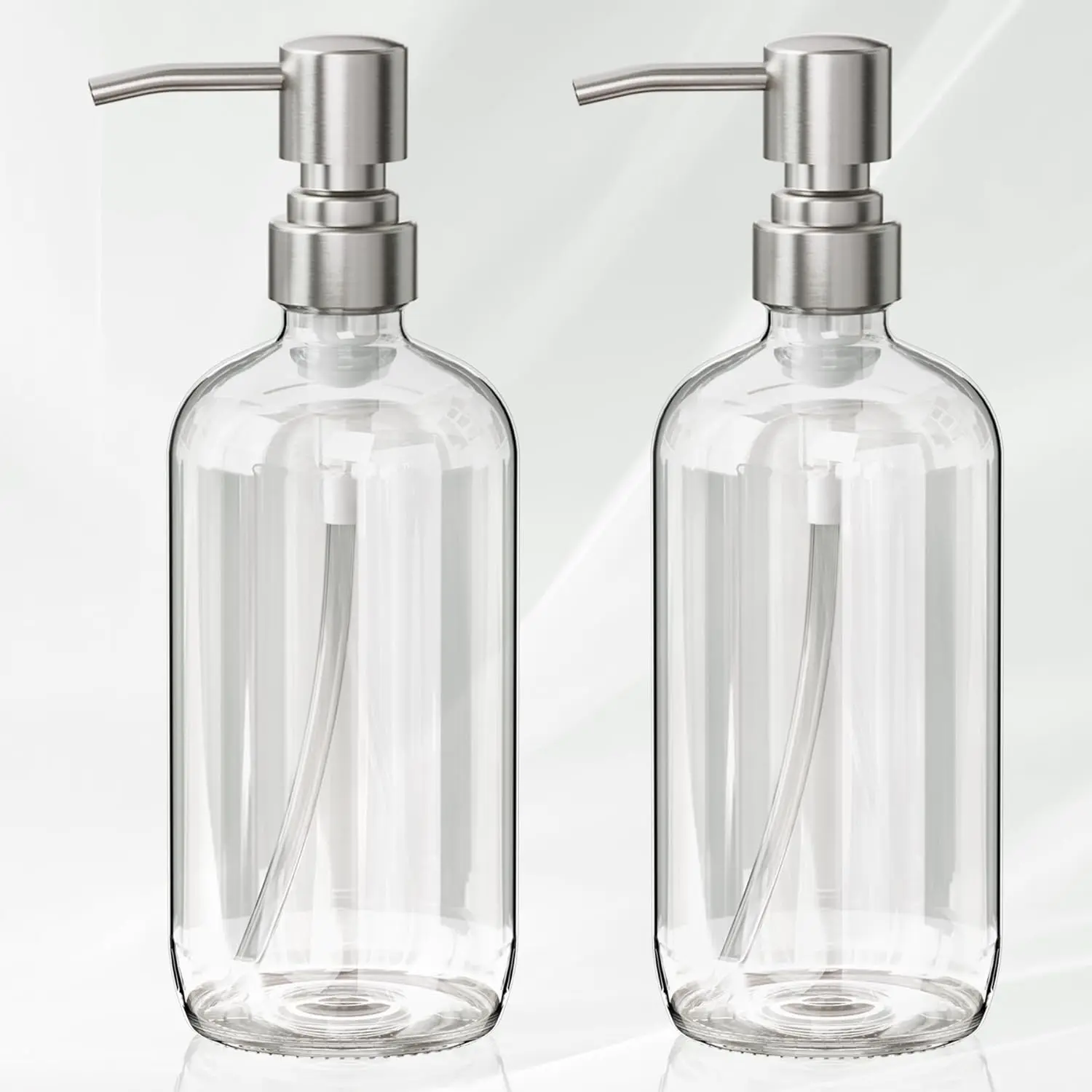 Soap Dispenser, 2 Pack Glass Soap Dispenser with Pump Stainless Steel, 17 Oz Hand Soap Bottles Bathroom Kitchen, Clear