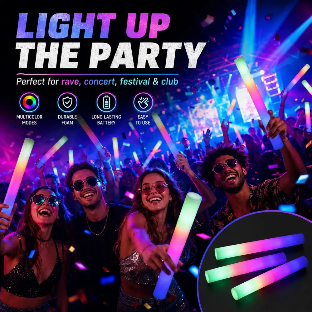25/50Pcs LED Glow Sticks Bulk Colorful RGB Glow Foam Stick Cheer Tube Dark Light for Xmas Birthday Wedding Party Supplies