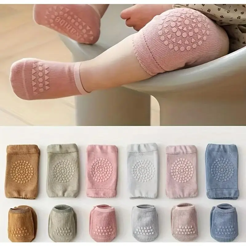 Soft Baby Knee Pad and Sock Set, 3 or 6 Piece Polka Dot Anti-Slip Crawling Protectors for Infants and Toddlers 0-2 Years