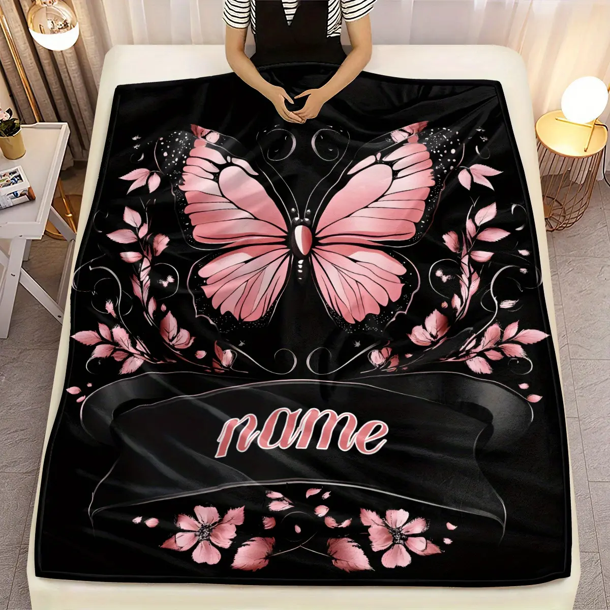 Personalized Pink Butterfly Flannel Blanket – Soft, lightweight throw with custom name – Warm and comfortable, suitable for sofa, bed, camping or office – Digital print, tear-resistant, all-season use, all-season blanket |   Whimsical home decor,Chr,Oogie