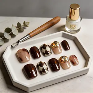 Brown & Nude Press On Nails with Checkerboard & Gold Rhinestone