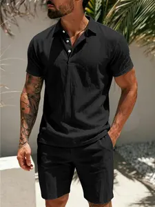 Men's Linen Short Sleeve Blouse and Shorts Set, Collar Three-Button Breathable Fabric, Drawstring Five-Pocket Pants, Casual Vacation