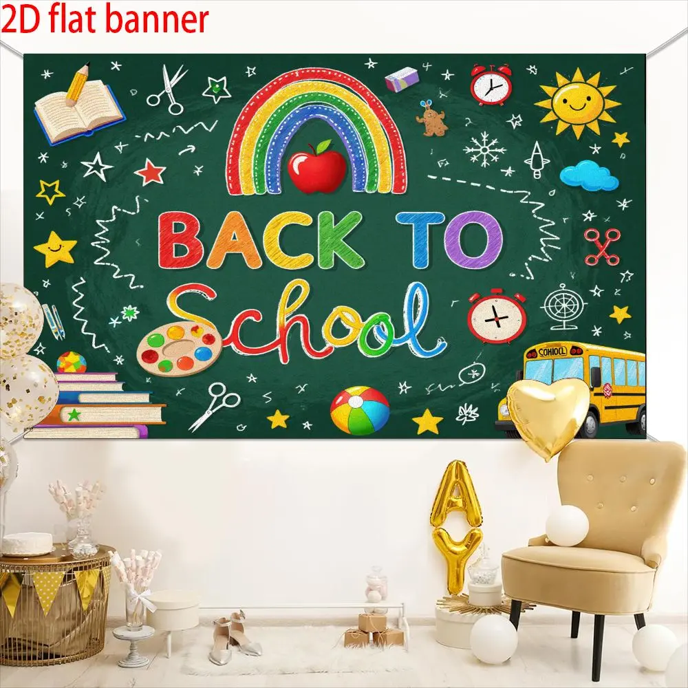 1pc Rainbow Apple Back to School Season Background Banner, School Bus Stationery Graffiti Printed Decorative Wallpaper, Suitable for Teaching Arrangements, Campus Activities, New Semester Photo Check ins, and Theme Gatherings, Polyester Material