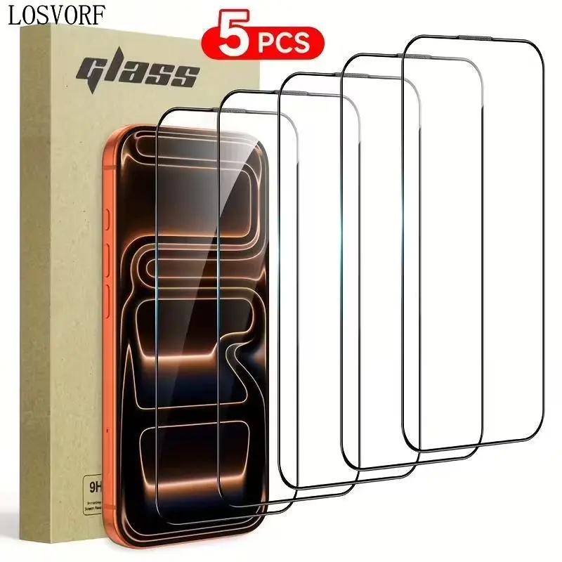 LOSVORF 5pcs Tempered Glass Screen Protector For Apple for iphone 17/11/12/13/14/15/16 Pro Max Plus X/XS/XR/16E/Air/ Series, Ultra-high Definition, 9H Hardness, Scratch And Shatter Resistant, Dustproof, Easy To Install, Phone Screen Protector