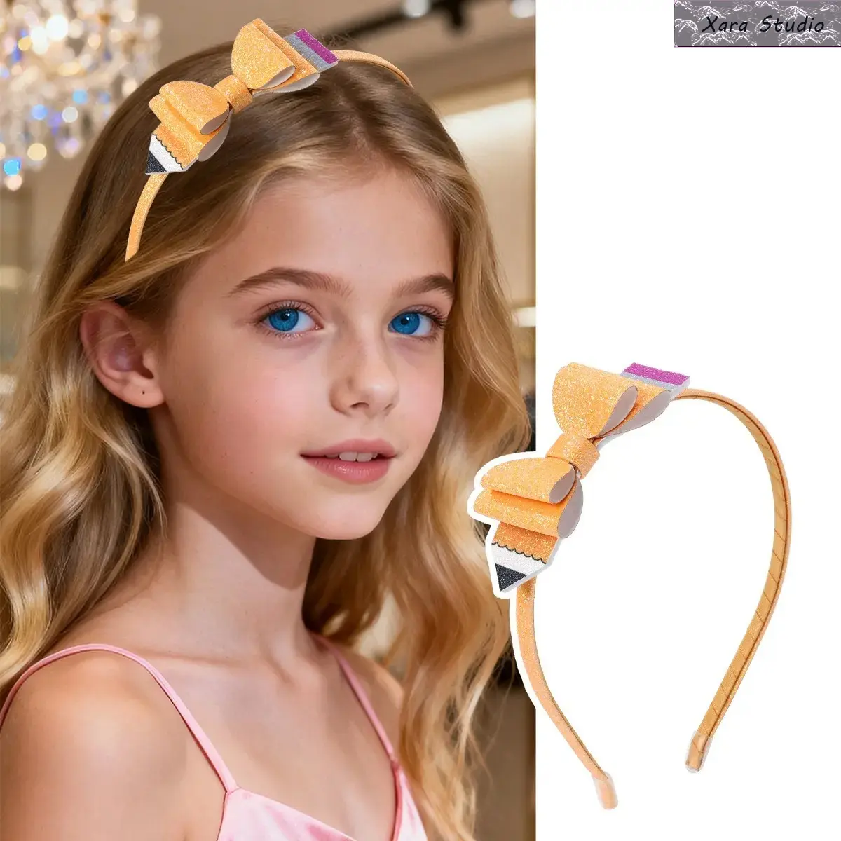 Back to School Sequin Double Bow Headband for Girls, Cute Aesthetic Pencil Hair Accessory, Glitter Comfortable All-Day School Hairband, Trendy Fashion Headpiece for Class, Picture Day, Parties, Teacher Gifts & First Day of School Outfit Styling