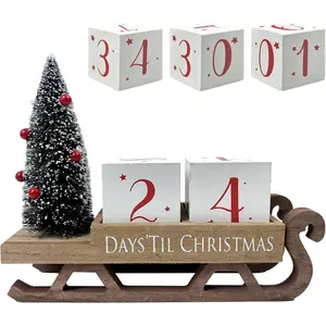 99 Days Christmas Countdown Blocks Santa Sleigh Advent Calendar, Rustic Farmhouse Wooden Sign, Christmas Tree Decoration Xmas Holiday Party Decor for Home Living Room Mantel Tiered Tray