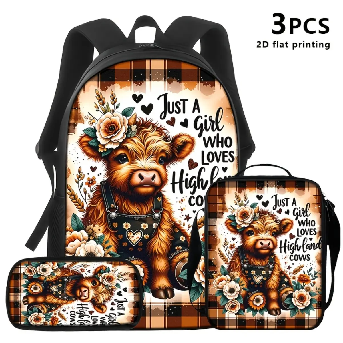 3 Bags Including a Backpack, a Shoulder Bag, And a Storage Pouch, All Featuring Illustrations of Highland Cows And The Phrase 'Just a Girl Who Loves Highland Cows', Complemented by Floral And Plaid Backgrounds