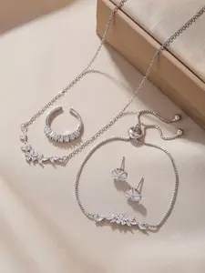 5pcs Elegant Flower Leaf Zircon Set, Necklace, Bracelet, Ring, Earrings, Perfect for Women's Parties, Gifts, Daily Wear