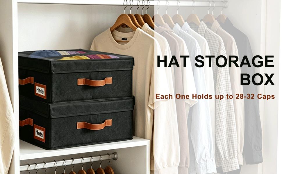 2-in-1 Stackable Hat for Baseball Caps with Clear Lid, Holds 28-32 Caps - Hat Organizer for Baseball & Cowboy Hats, Closet Box for Men & (Black)