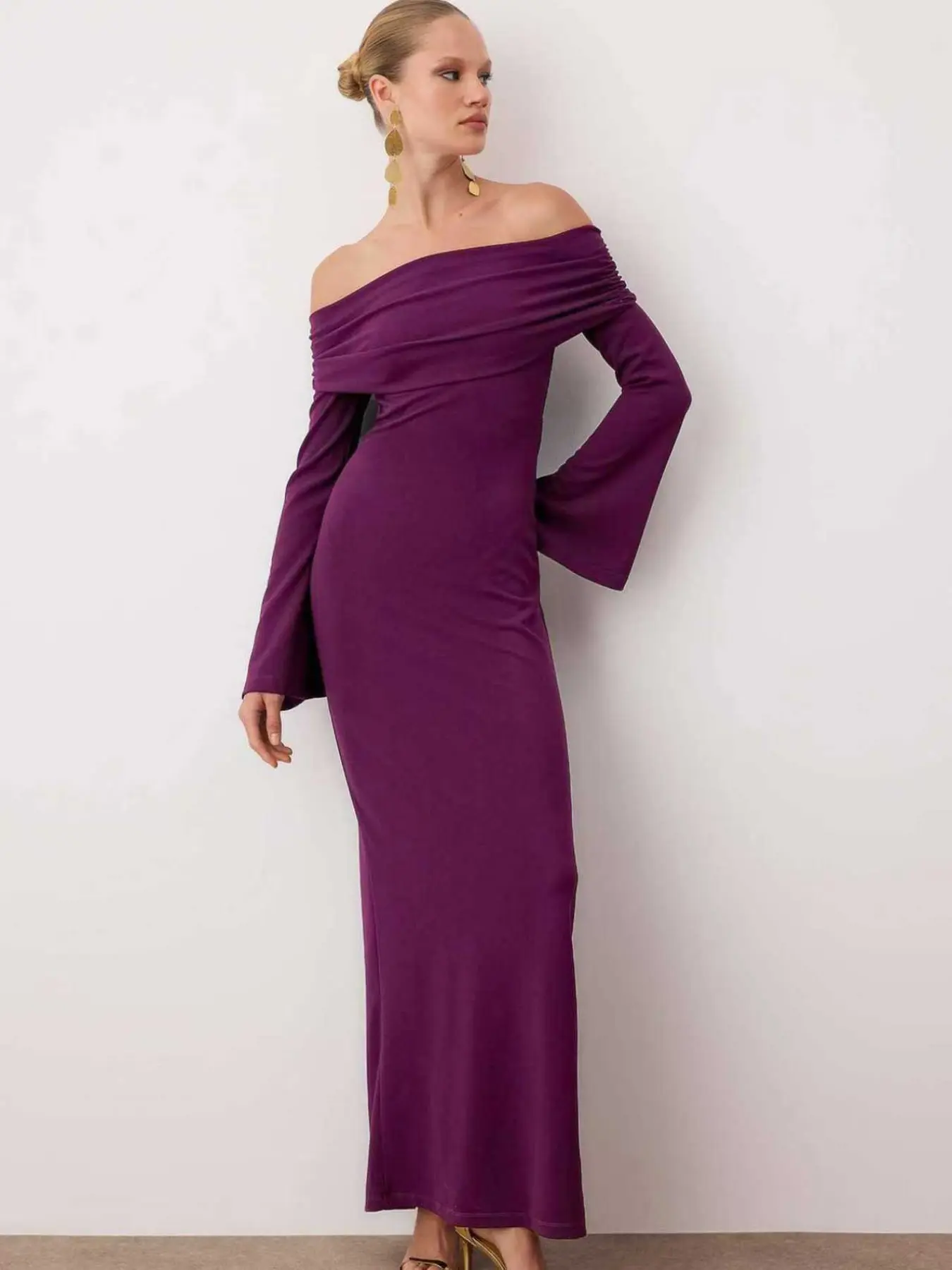 Women’s Off Shoulder Foldover Flare Long Sleeve Maxi Dress, Elegant Formal Banquet Evening Dress, Fall & Winter Occasions