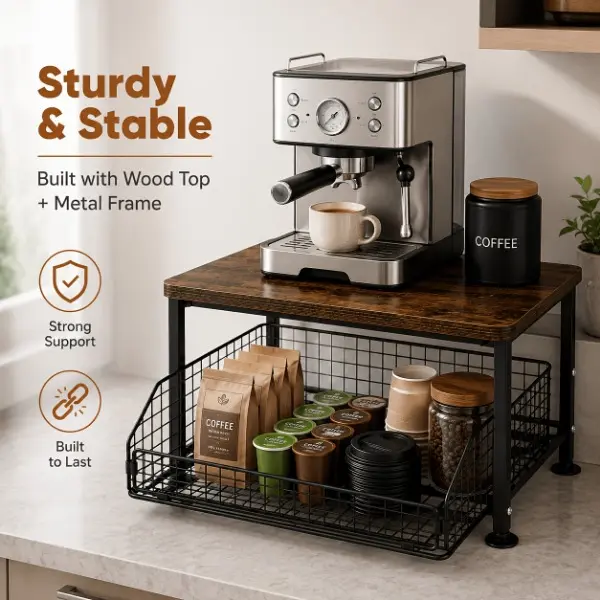 LDQ 2-Tier Pine Wood & Metal Countertop Microwave Rack Riser - Space-Saving Home Organizer with Pull-Out Drawer for Coffee Machine, Tableware, Condiments
