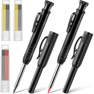 2 Pack Solid Carpenter Pencils with Pencil Cap and 18 Refills, Long Nose Deep Hole Mechanical Pencil Marker, Scribe Tool with -in Sharpener for Construction Woodworking Architect (Black)
