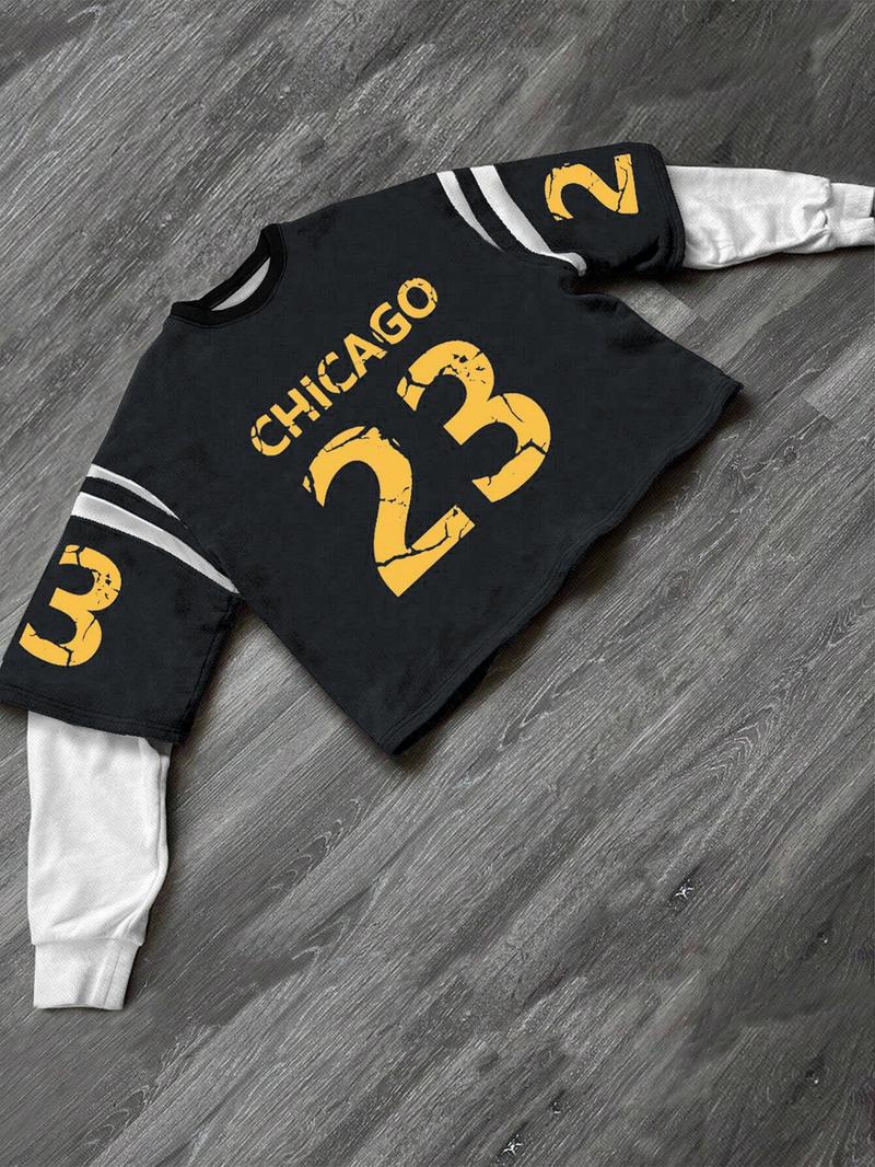 Men's Letter & Number Print 2 in 1 Drop Shoulder Camo Sweatshirt, Regular Fit Casual Long Sleeve Round Neck Pullover for Fall & Winter, Men's Clothes for Daily Wear