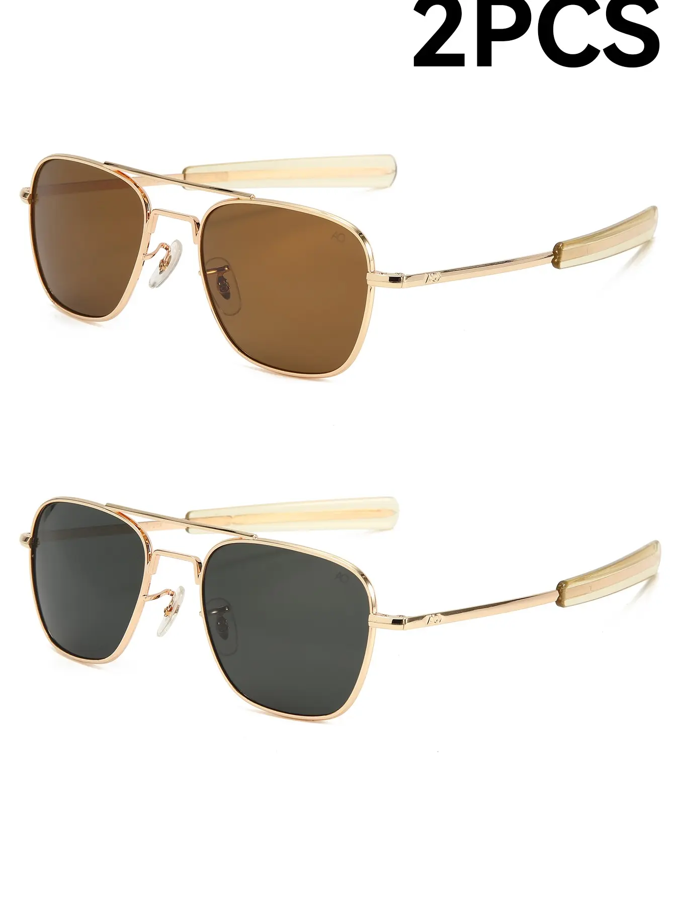 AO 2 Pack Military Aviator Sunglasses, Real Glass Lens UV400 UV Protection Gold Metal Double Bridge Pilot Sunglasses for Driving Fishing Outdoor Travel Men Women